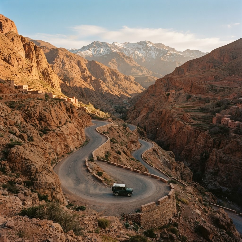 Premium SUV traveling through a Moroccan mountain landscape